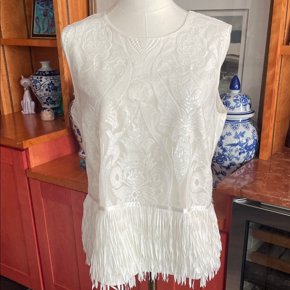Melanie Lyne Holiday Elegant White Sleeveless Top Fringe Size 8 Party Sequin - Picture 3 of 13